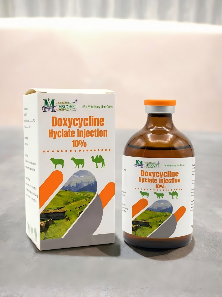 Doxycycline Hyclate Injection 10 percent veterinary bottle and packaging for livestock farms