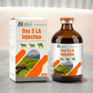 Oxy 5 LA Injection veterinary bottle and packaging for livestock farms