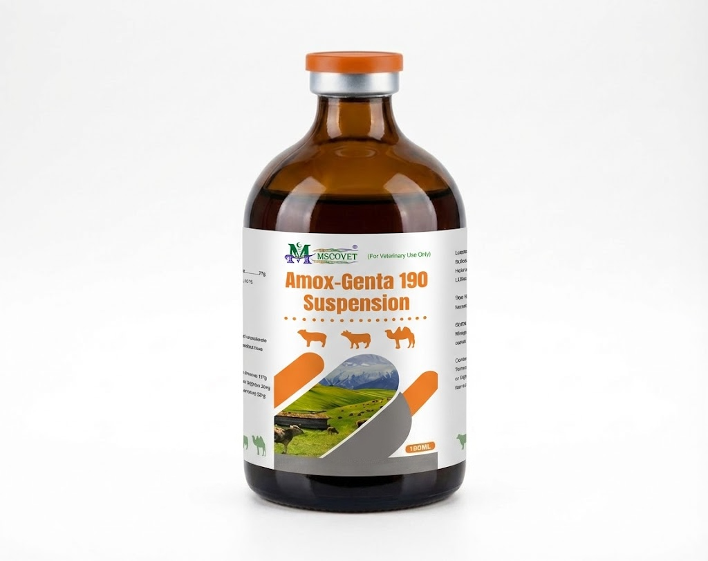 MSCOVET Amox-Genta 190 Suspension veterinary injectable antibiotic bottle for livestock animals 100ml