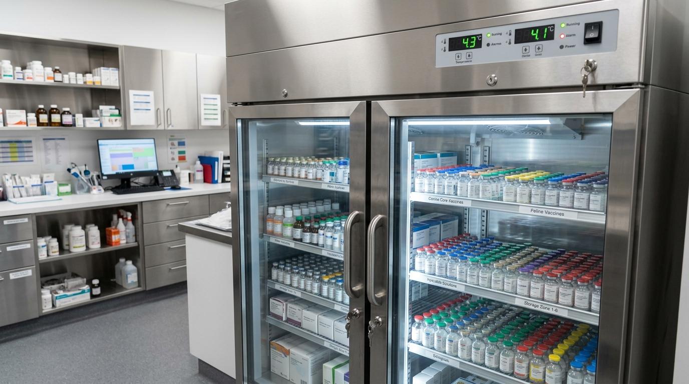 IMAGE PLACEHOLDER — veterinary medicine warehouse with organized temperature-controlled storage system